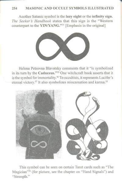 Imagen de una página de libro con texto y tres ilustraciones. La primera muestra el símbolo del infinito. La segunda ilustración muestra una persona con una chaqueta con el mismo símbolo en la espalda. La tercera es un dibujo estilizado del caduceo, que incluye dos serpientes enrolladas en un bastón con alas.
